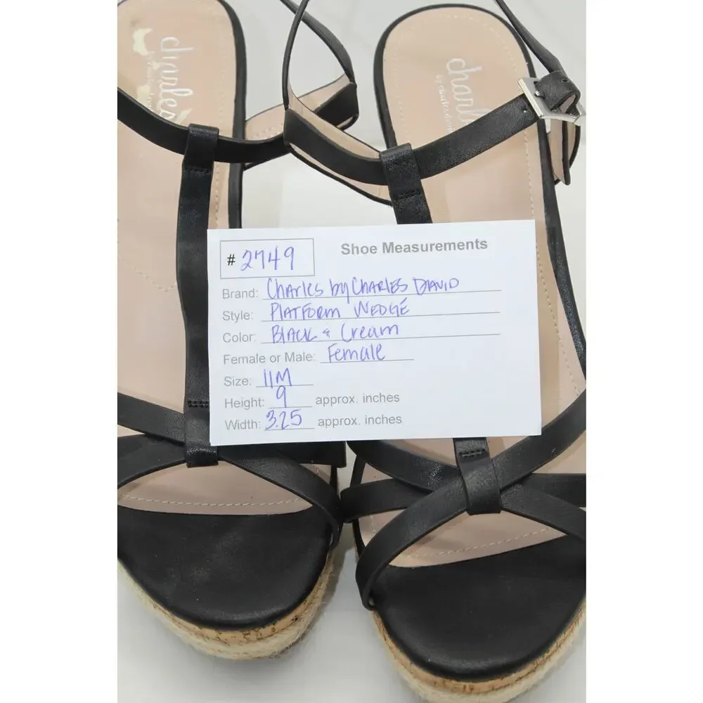 Charled David Black & Neutral Cork Textured Platform Wedge Heel Strappy Sandals